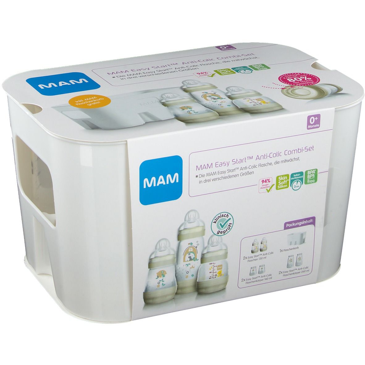 Set MAM Easy Start Anti-Colic. Boîte blanche avec images et texte. Contient biberons et accessoires.