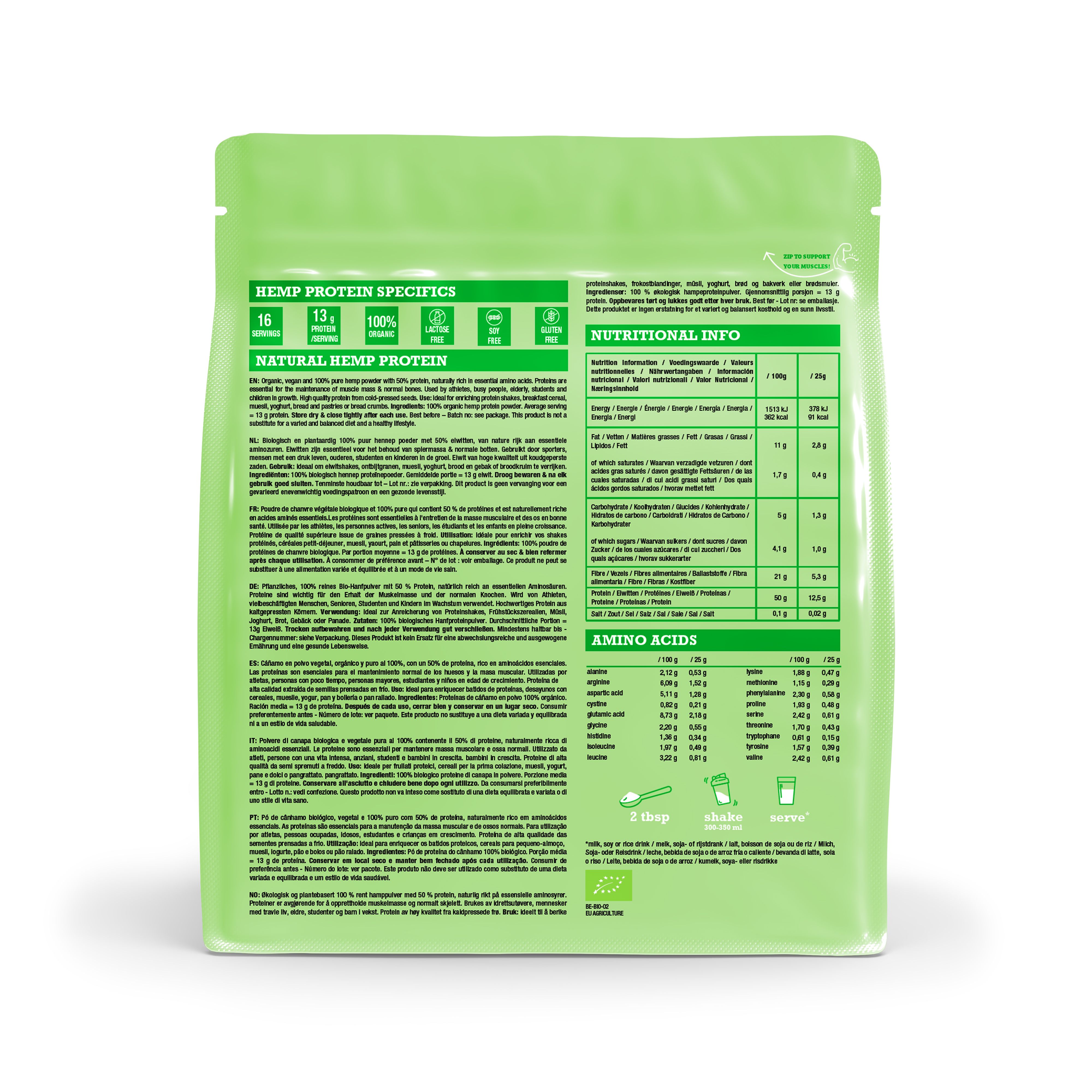 Purasana Protéine de chanvre Bio: Vue latérale du sachet, 400g, végétal, 13g de protéines par portion.