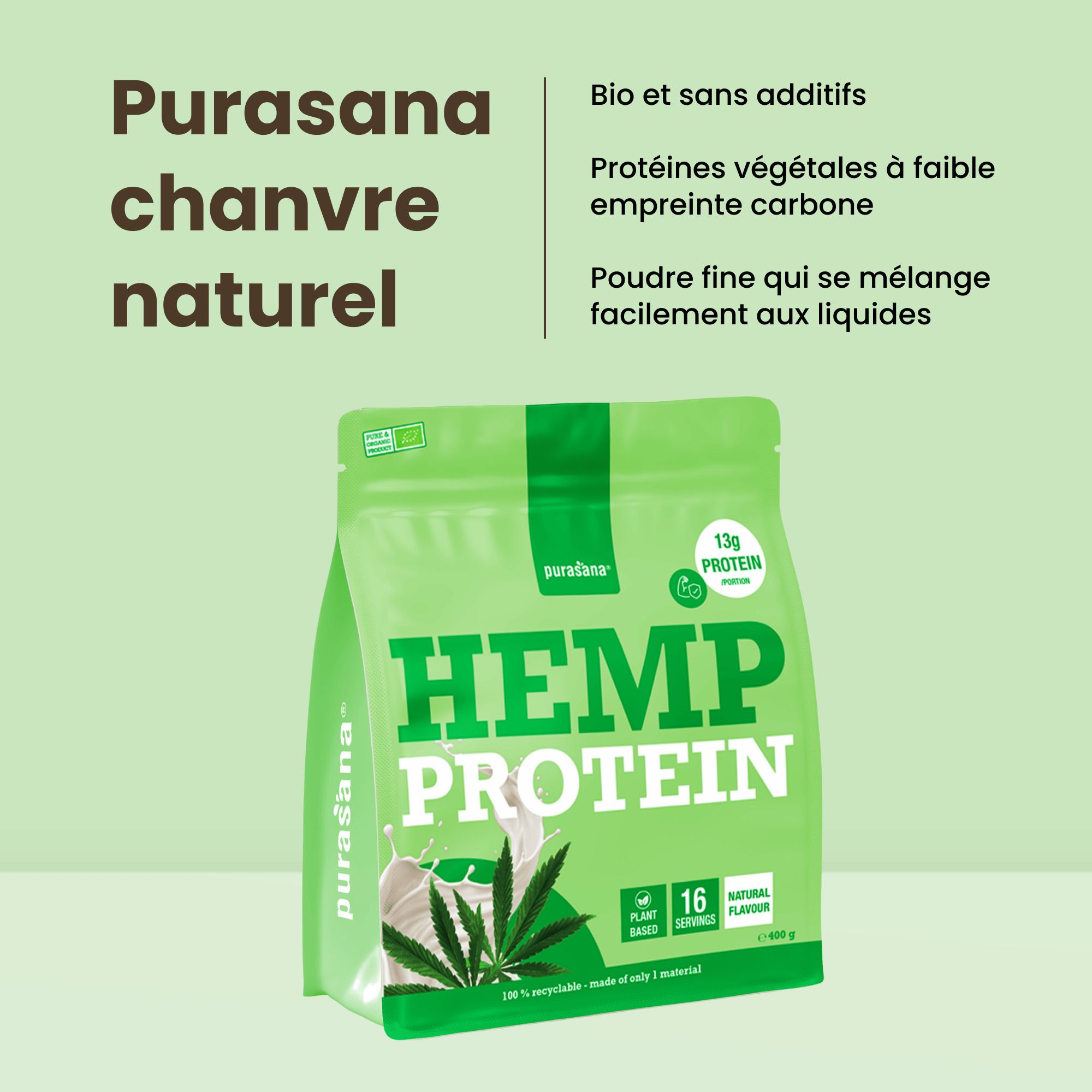 Purasana Protéine de chanvre Bio: Sachet de 400g, 16 portions, 13g de protéines par portion, végétal, naturel.