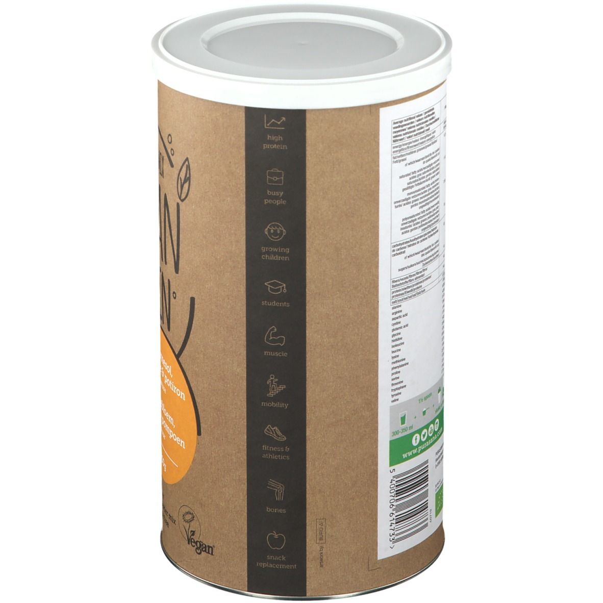 Dos de la boîte Purasana Vegan Protein. Texte multilingue. Emballage marron, couvercle blanc. Avec certifications.