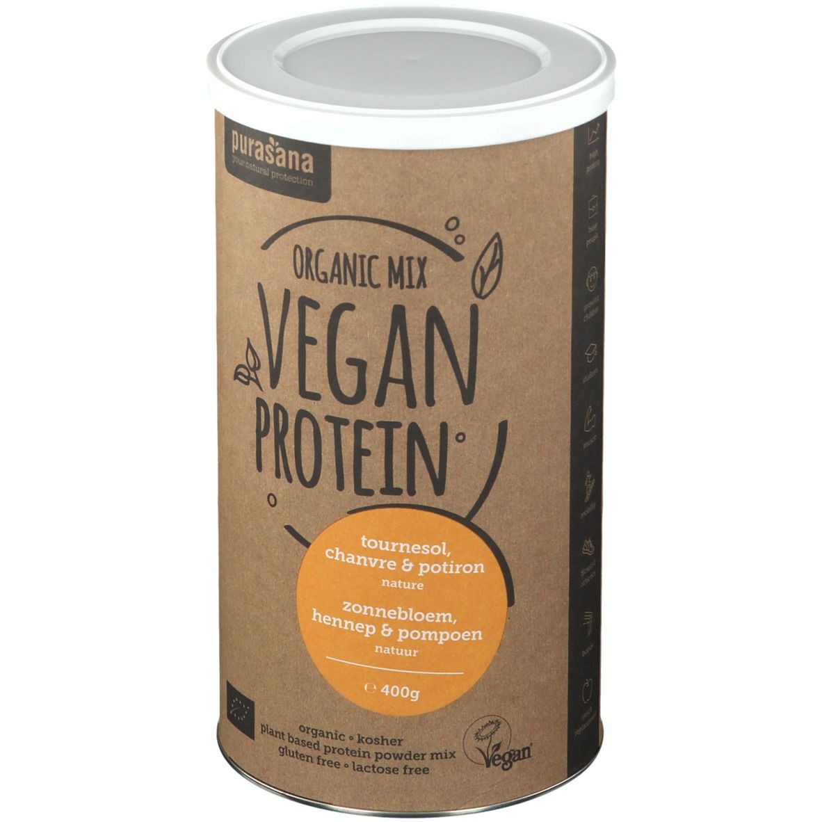 Boîte cylindrique Purasana Vegan Protein. Inscription: tournesol, chanvre & potiron. Emballage marron, couvercle blanc.