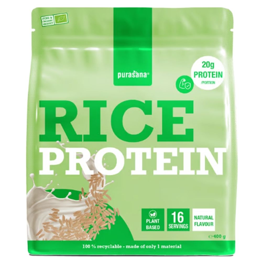 Purasana Poudre de protéine de riz bio, boîte 400g. Végétalienne, sans gluten, sans lactose.