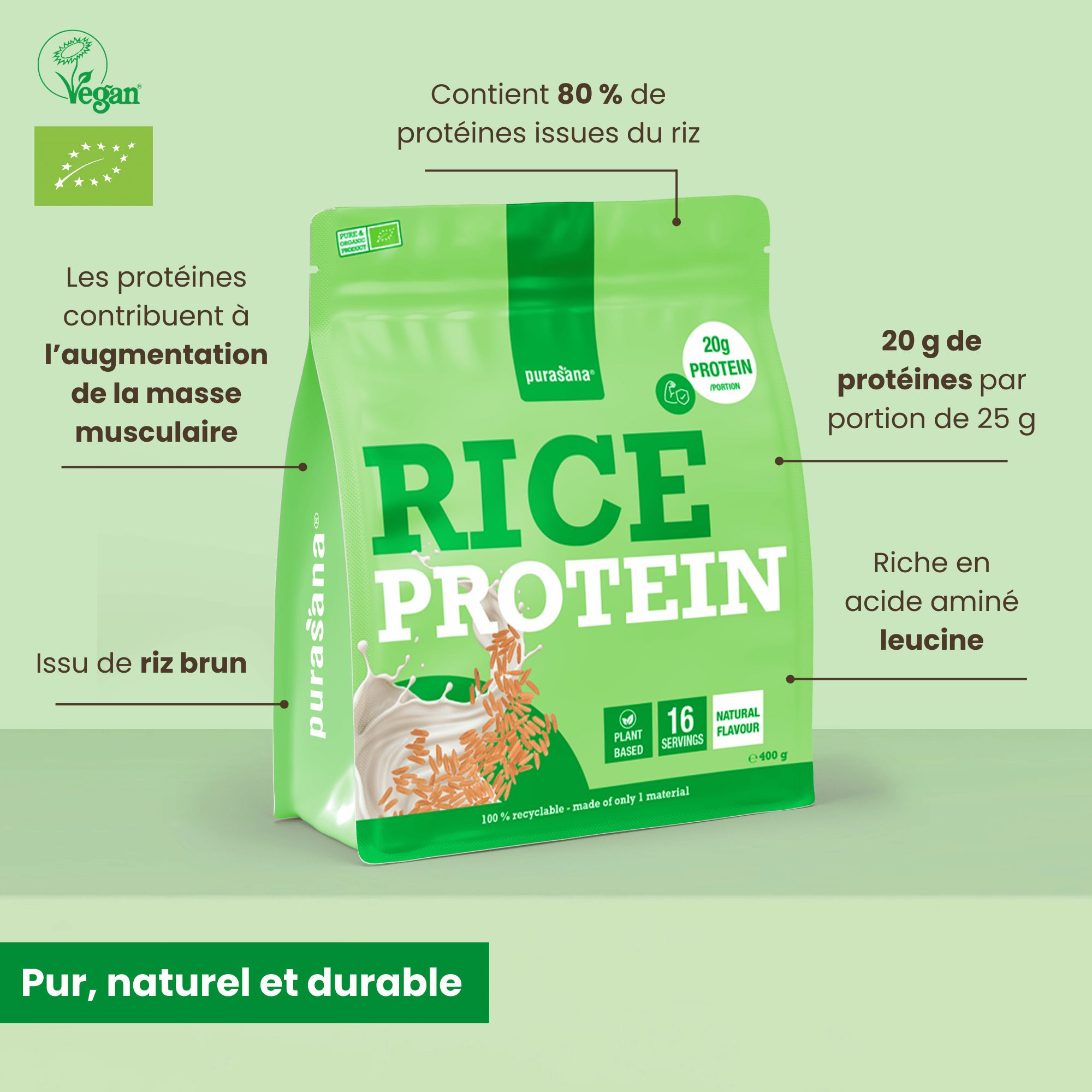 Pochette Purasana protéine de riz, 400g. "Pur, naturel et durable".