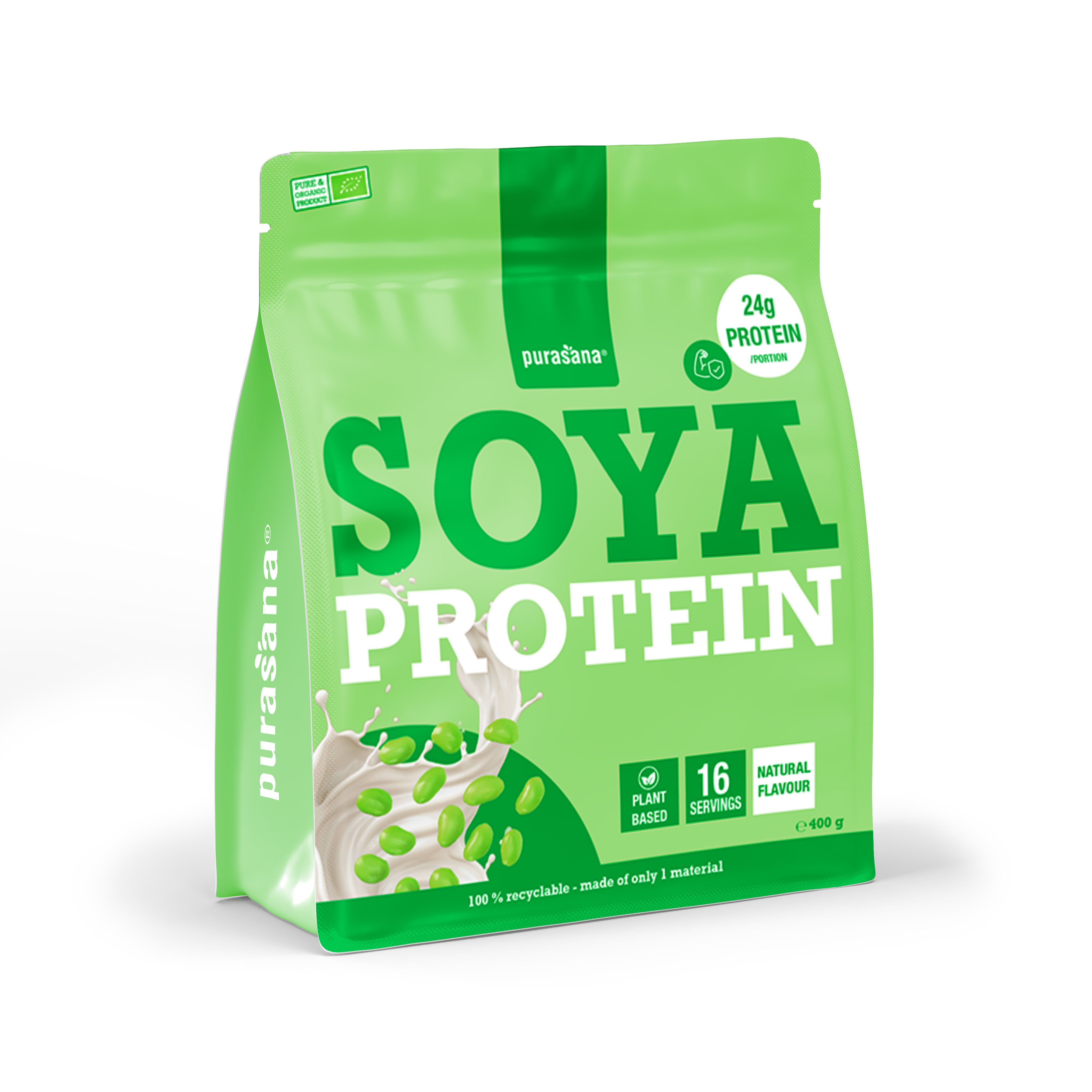 Sachet Purasana Soya Protein, saveur naturelle. 24g protéine par portion, 16 portions.