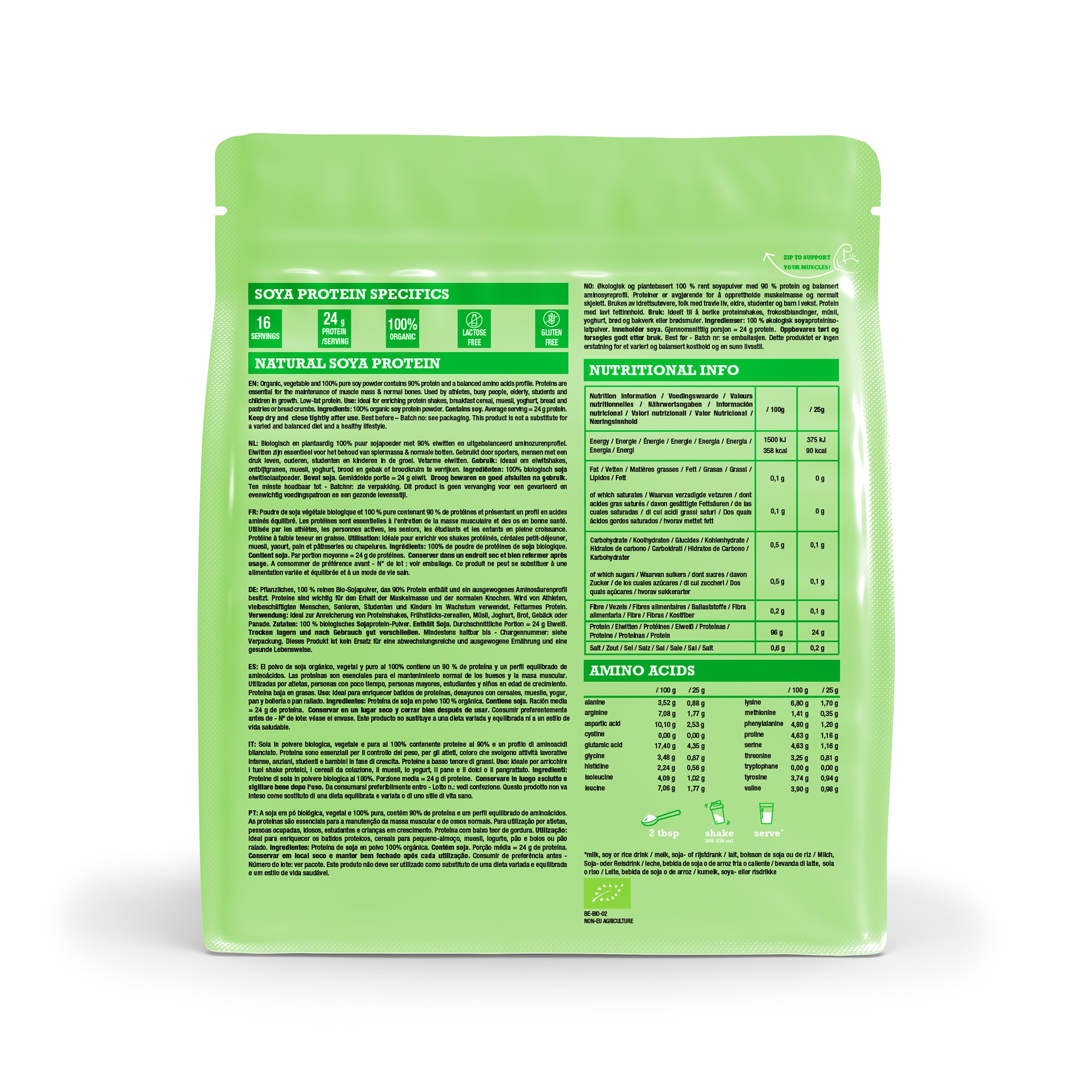 Arrière du sachet Purasana Soya Protein avec informations nutritionnelles et label bio.