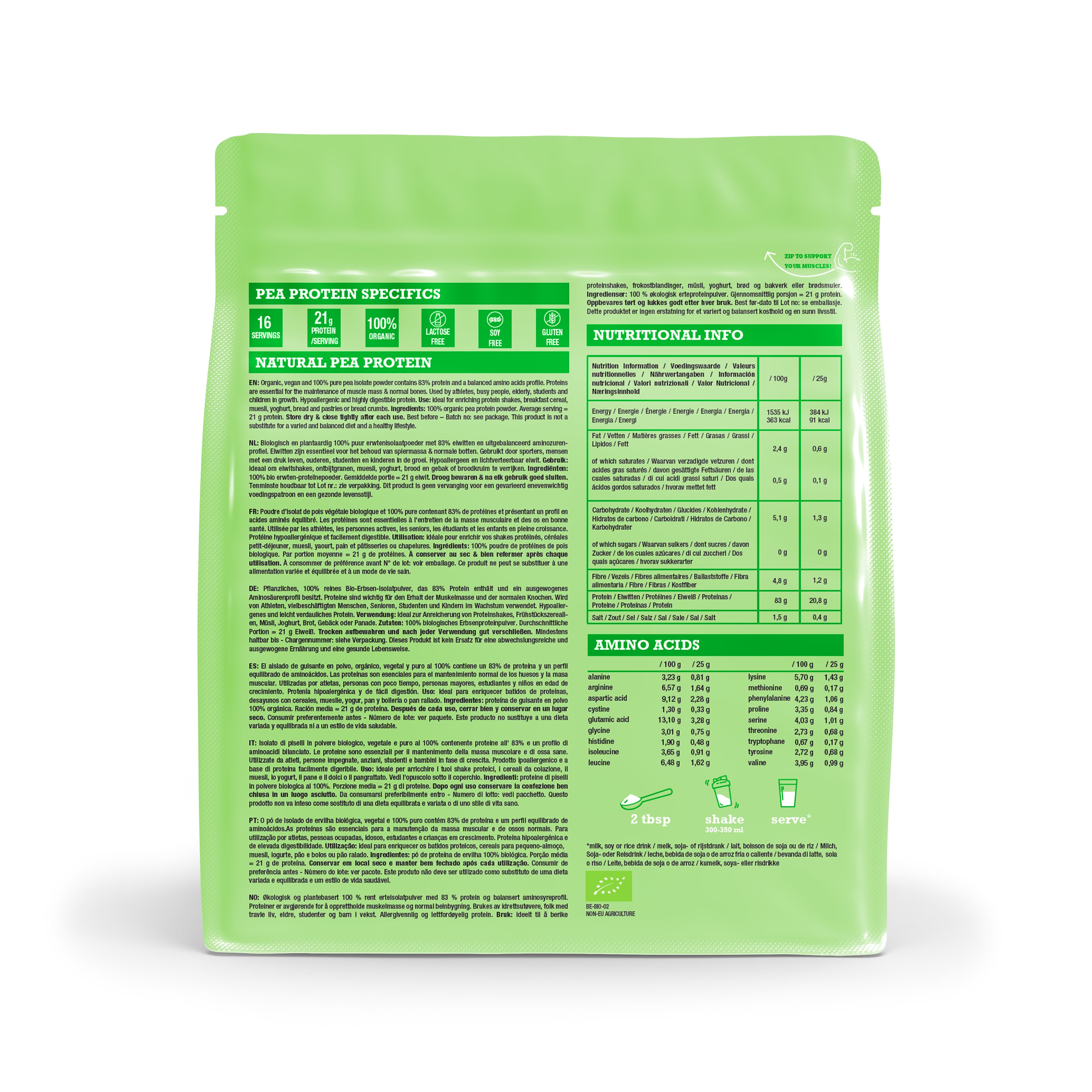 Dos du sachet Purasana Protéine de Pois avec informations nutritionnelles et profil d'acides aminés.