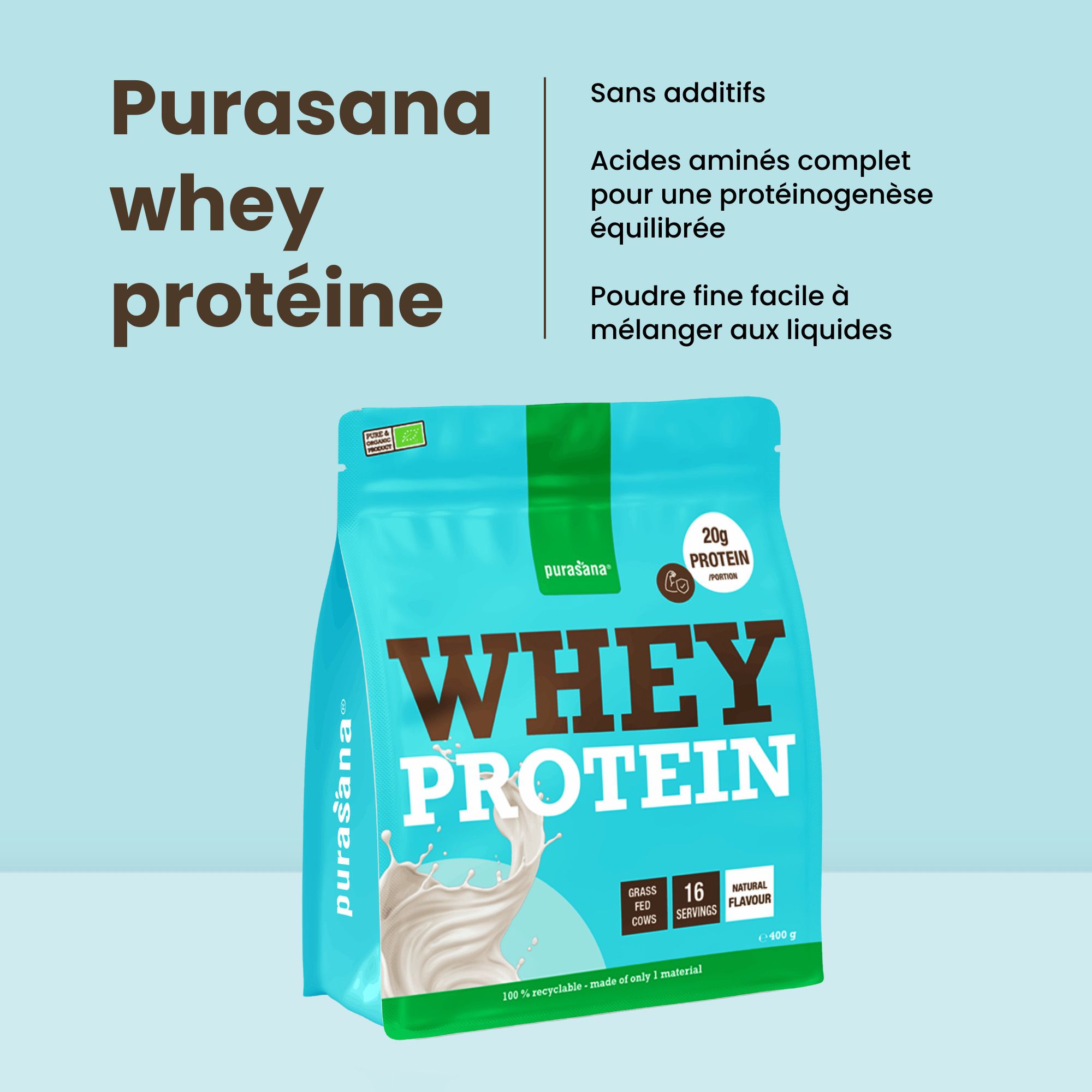 Sachet de poudre de protéines de lactosérum Purasana avec mise en évidence des avantages et caractéristiques.