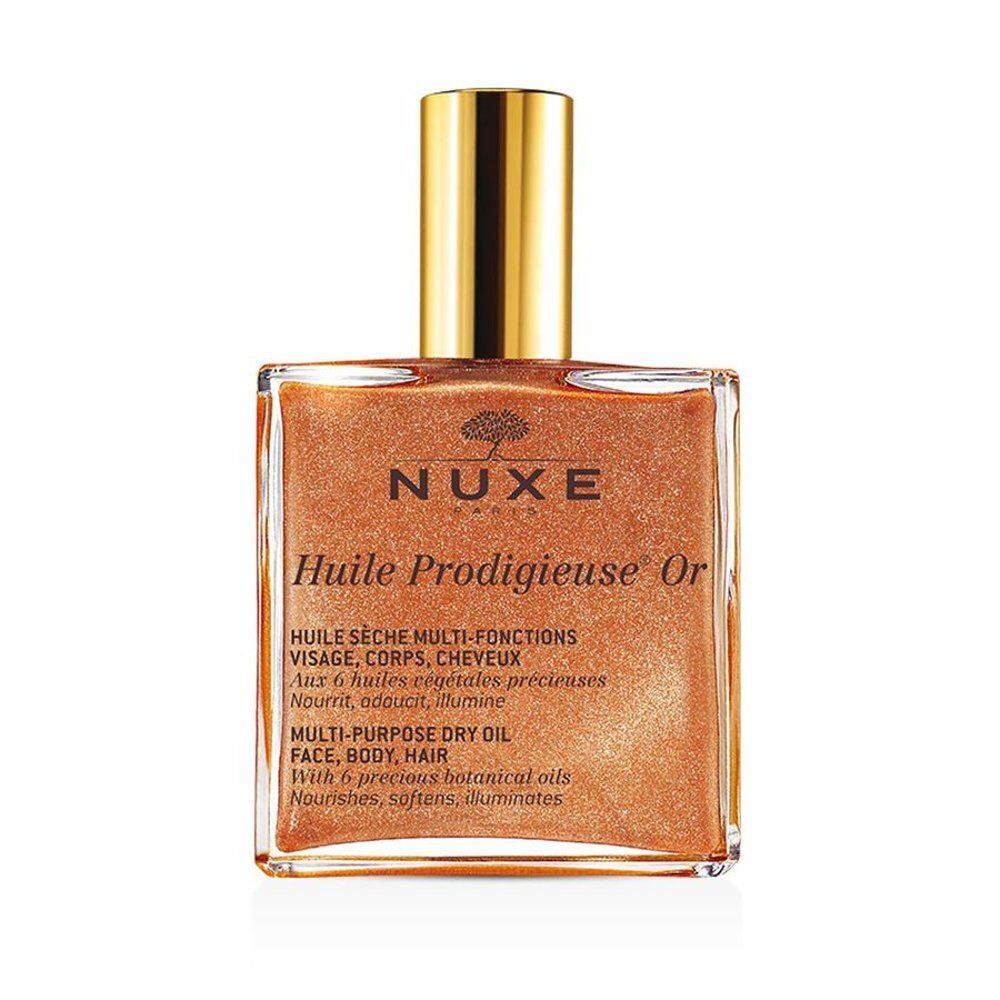 NUXE Huile Prodigieuse Or : huile sèche multi-fonctions dorée dans un flacon en verre avec bouchon doré.