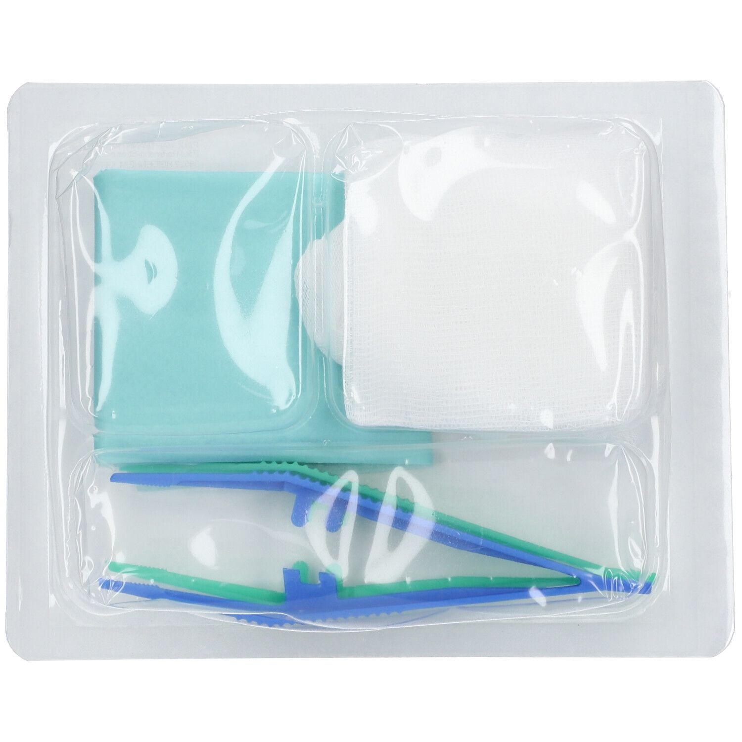 Hartmann Mediset. Articles stériles à usage unique dans un emballage transparent : tampons, compresses, pince.