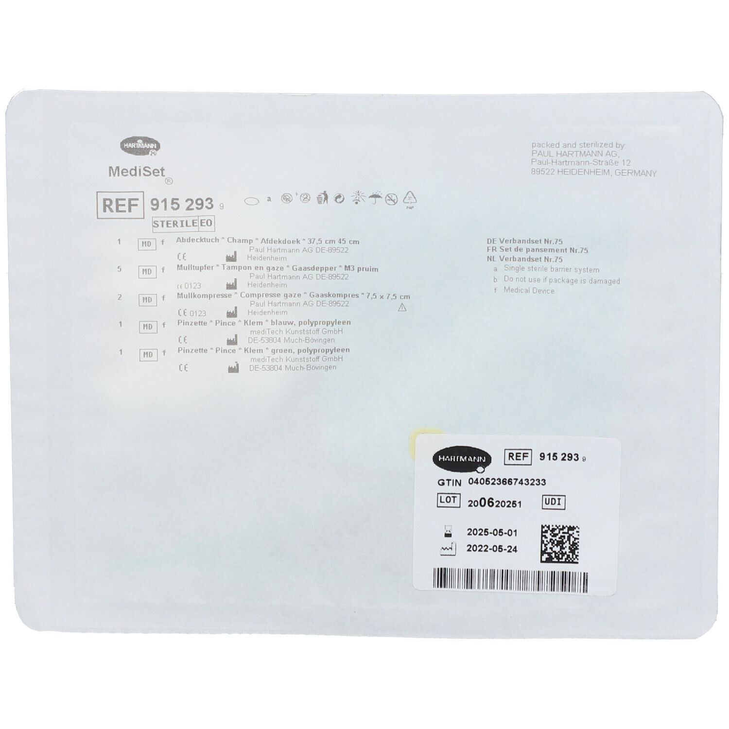 Hartmann Mediset, emballé stérilement. Dos avec informations produit, numéro de lot et date de péremption.