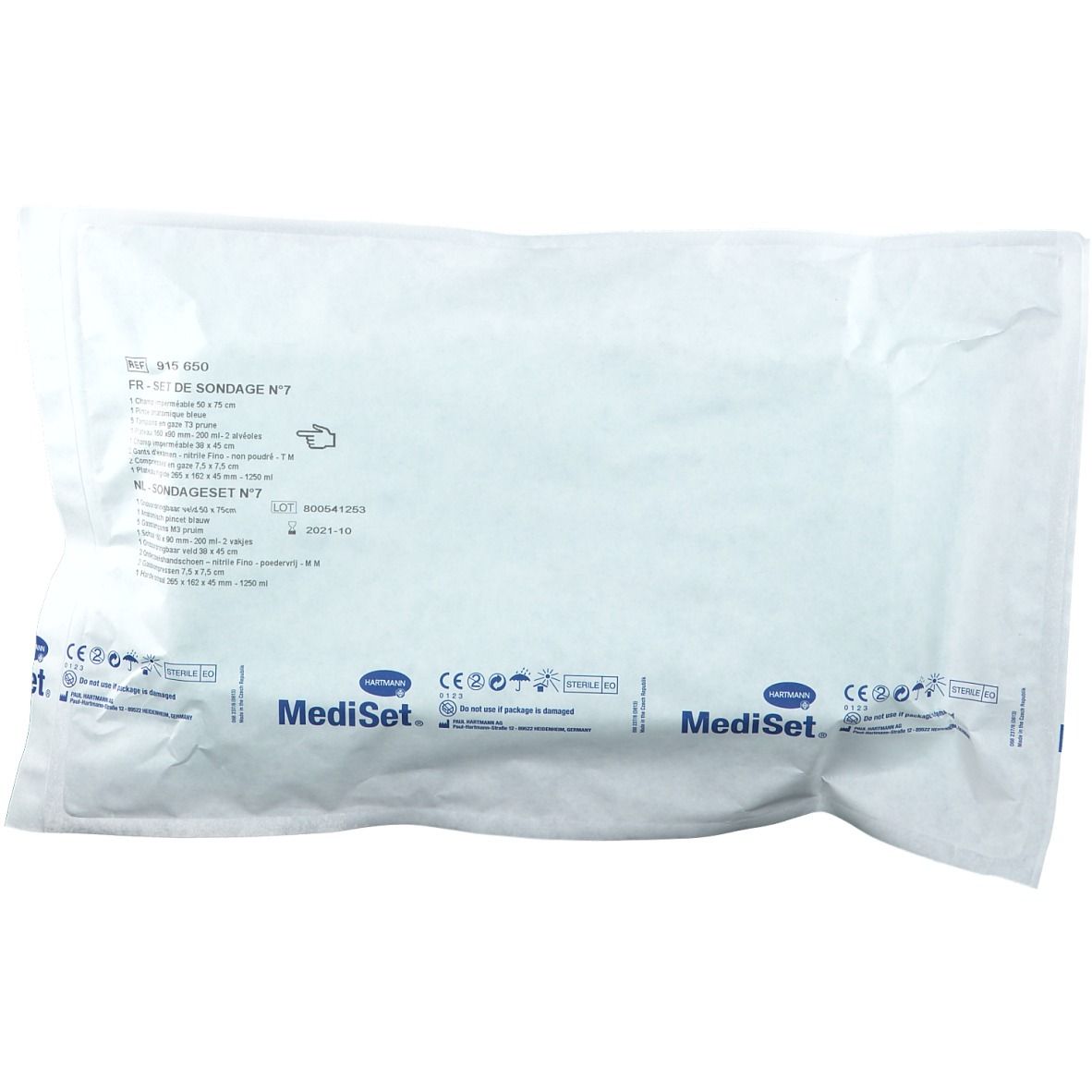 Emballage blanc. Texte: MediSet, informations produit, marquage CE, références et dimensions.