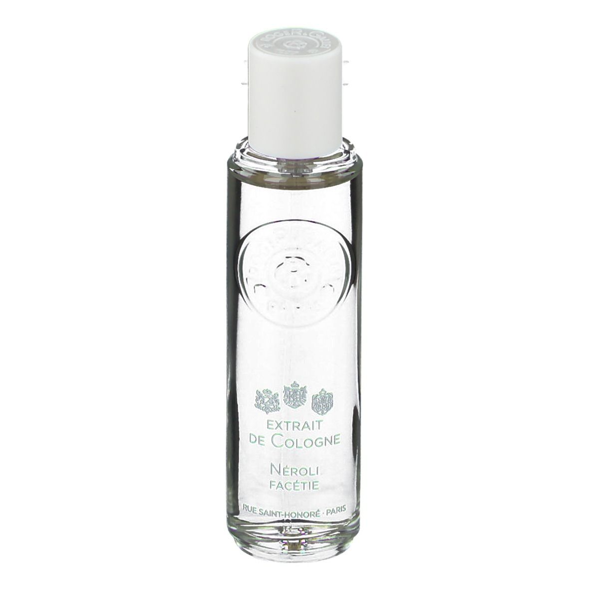 Flacon transparent avec bouchon blanc. Inscription: Extrait de Cologne, Néroli Facétie. Logo et texte.