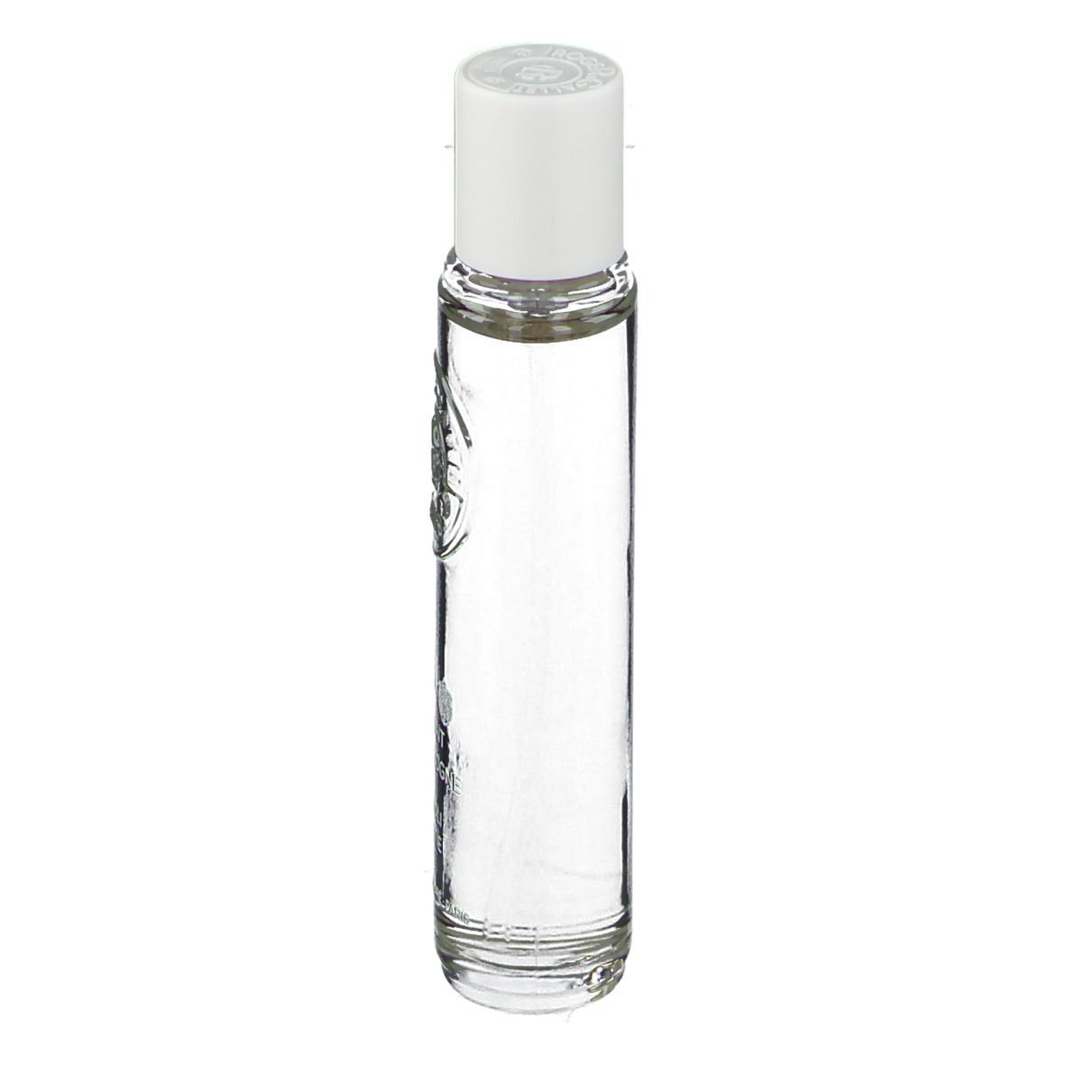 Flacon fin et transparent avec bouchon blanc. Logo et texte sur le flacon.
