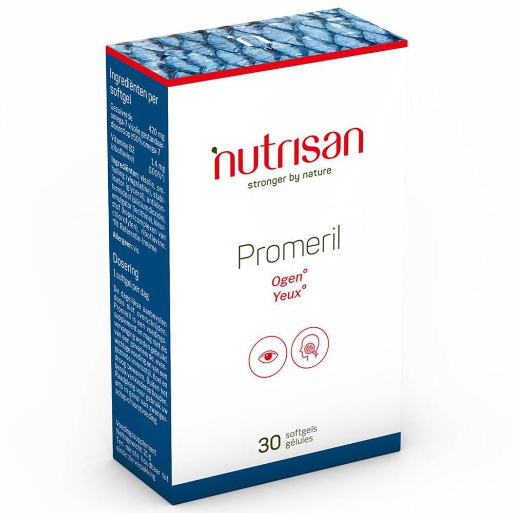 Boîte de Nutrisan Promeril. Contient 30 gélules. Inscription: Ogen/Yeux.