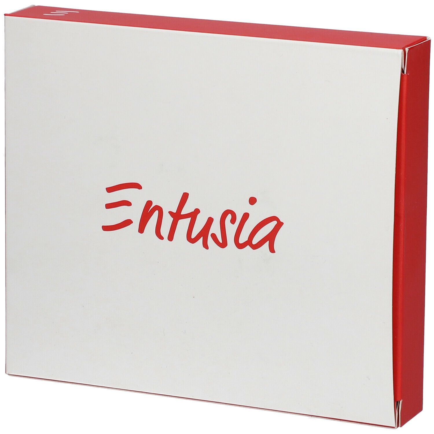 Boîte blanche avec bord rouge. Inscription rouge 'Entusia'.