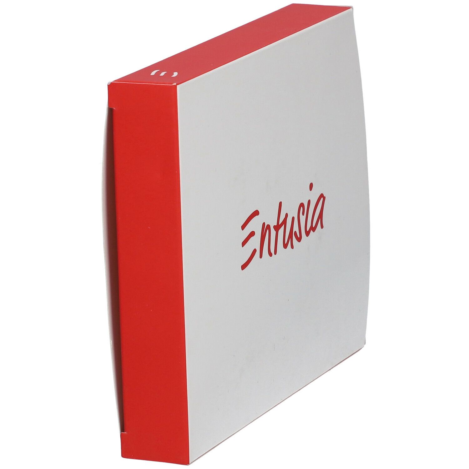 Boîte blanche avec bord rouge. Inscription rouge 'Entusia'.