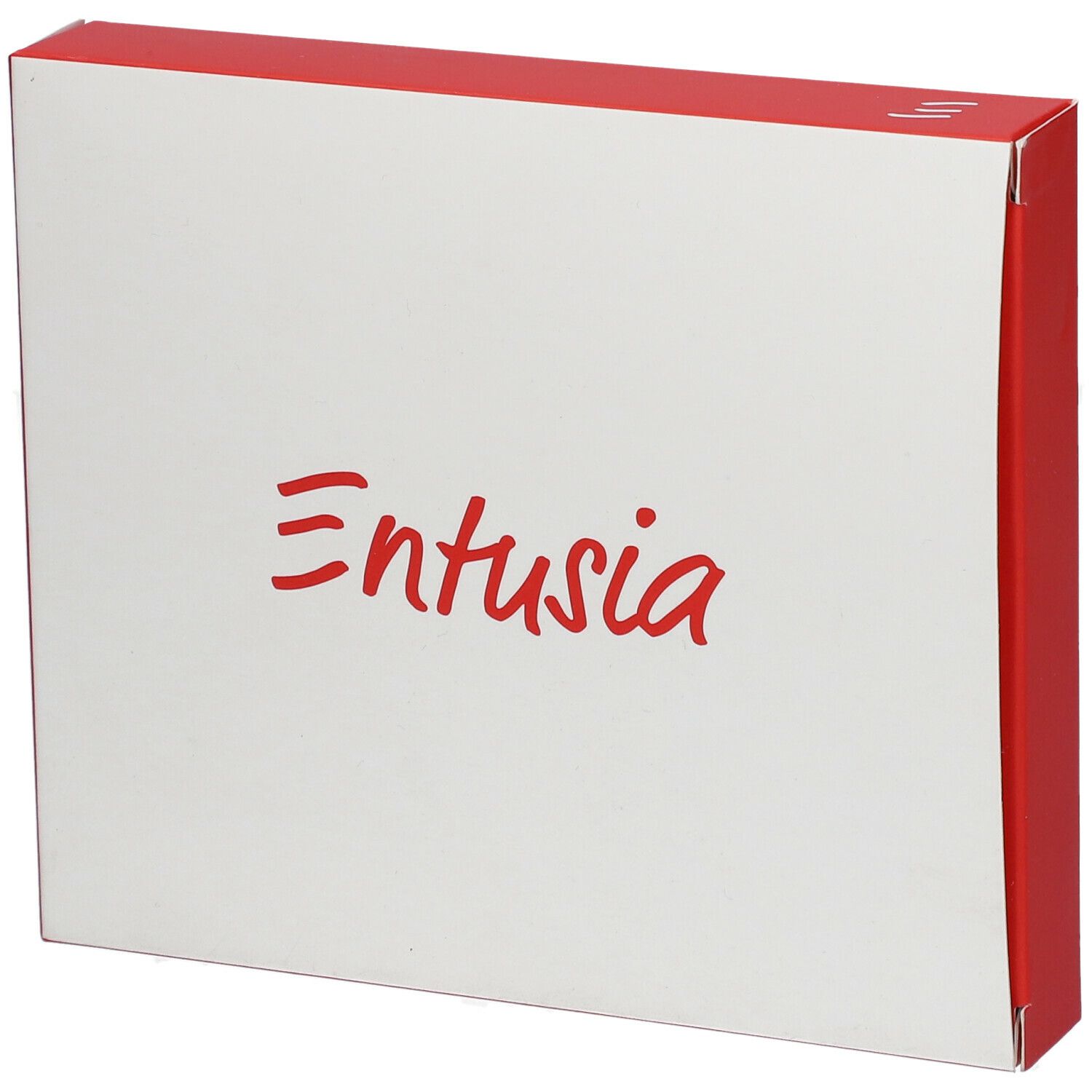 Boîte blanche avec bord rouge. Inscription rouge 'Entusia'.