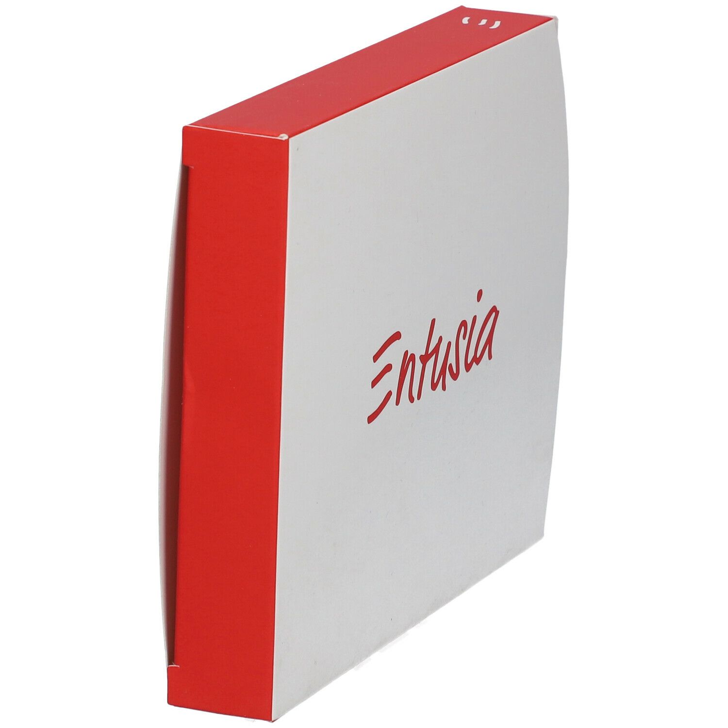 Boîte blanche avec bord rouge. Inscription rouge 'Entusia'.