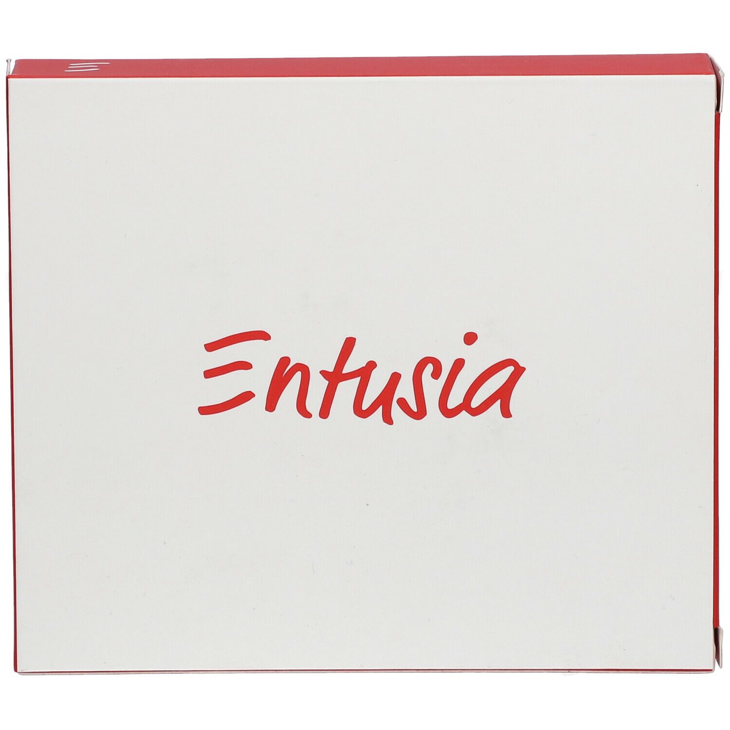 Boîte blanche avec bord rouge. Inscription rouge 'Entusia'.