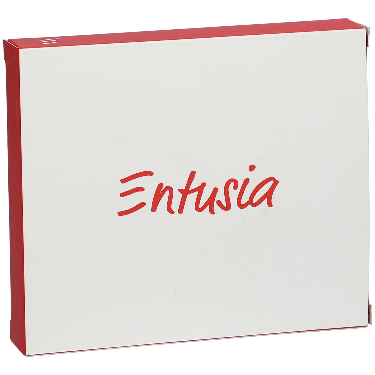 Boîte blanche avec bord rouge. Inscription rouge 'Entusia'.