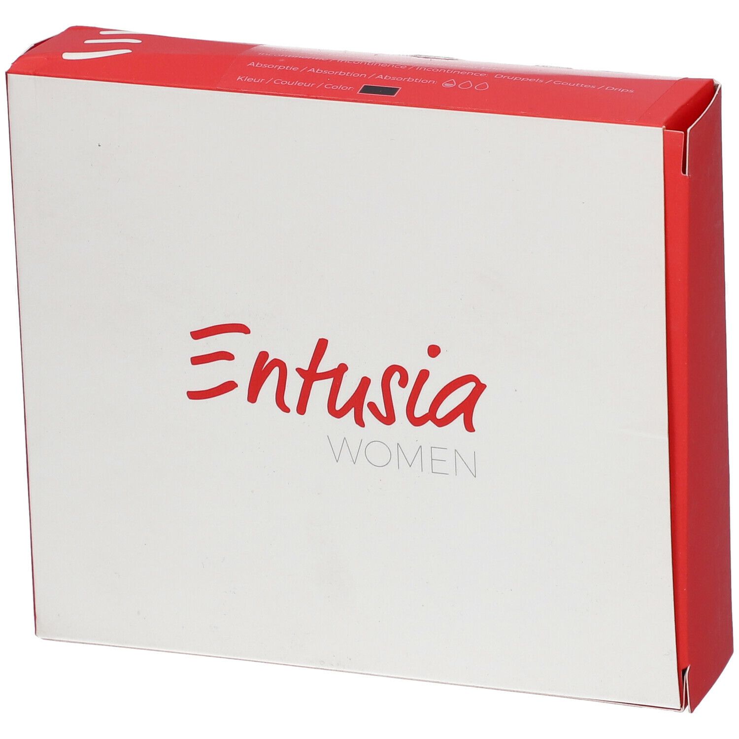 Emballage blanc et rouge. Le logo "Entusia WOMEN" est en rouge sur le devant.