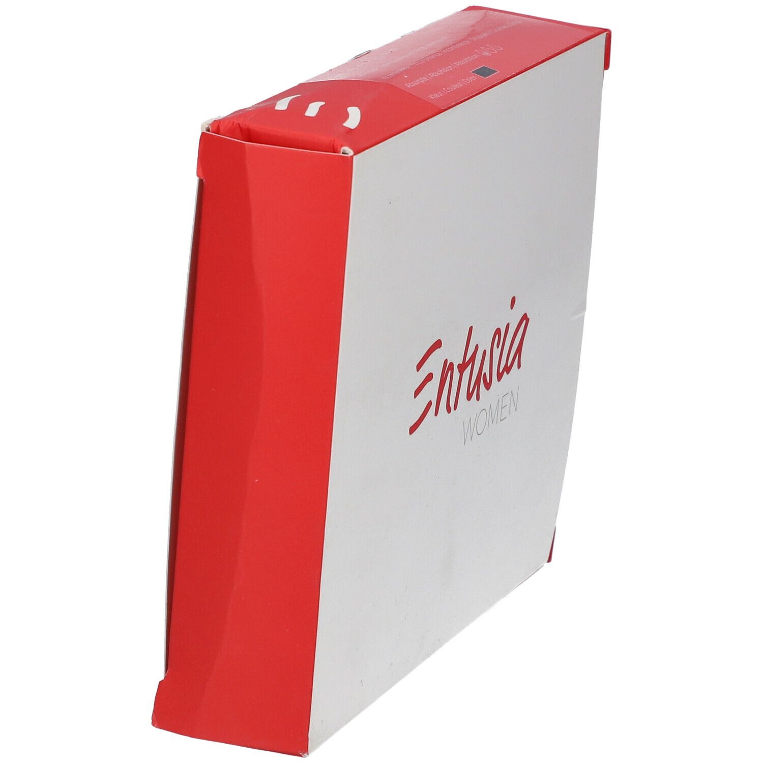 Emballage blanc et rouge. Le logo "Entusia WOMEN" est en rouge sur le devant.