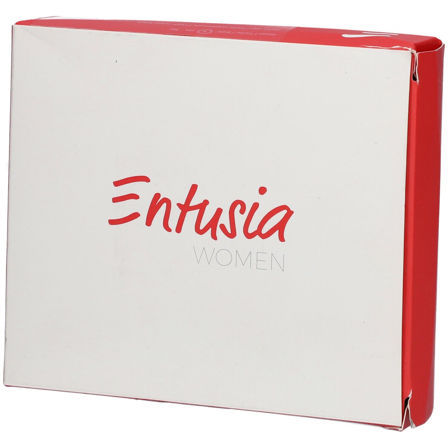 Emballage blanc et rouge. Le logo "Entusia WOMEN" est en rouge sur le devant.