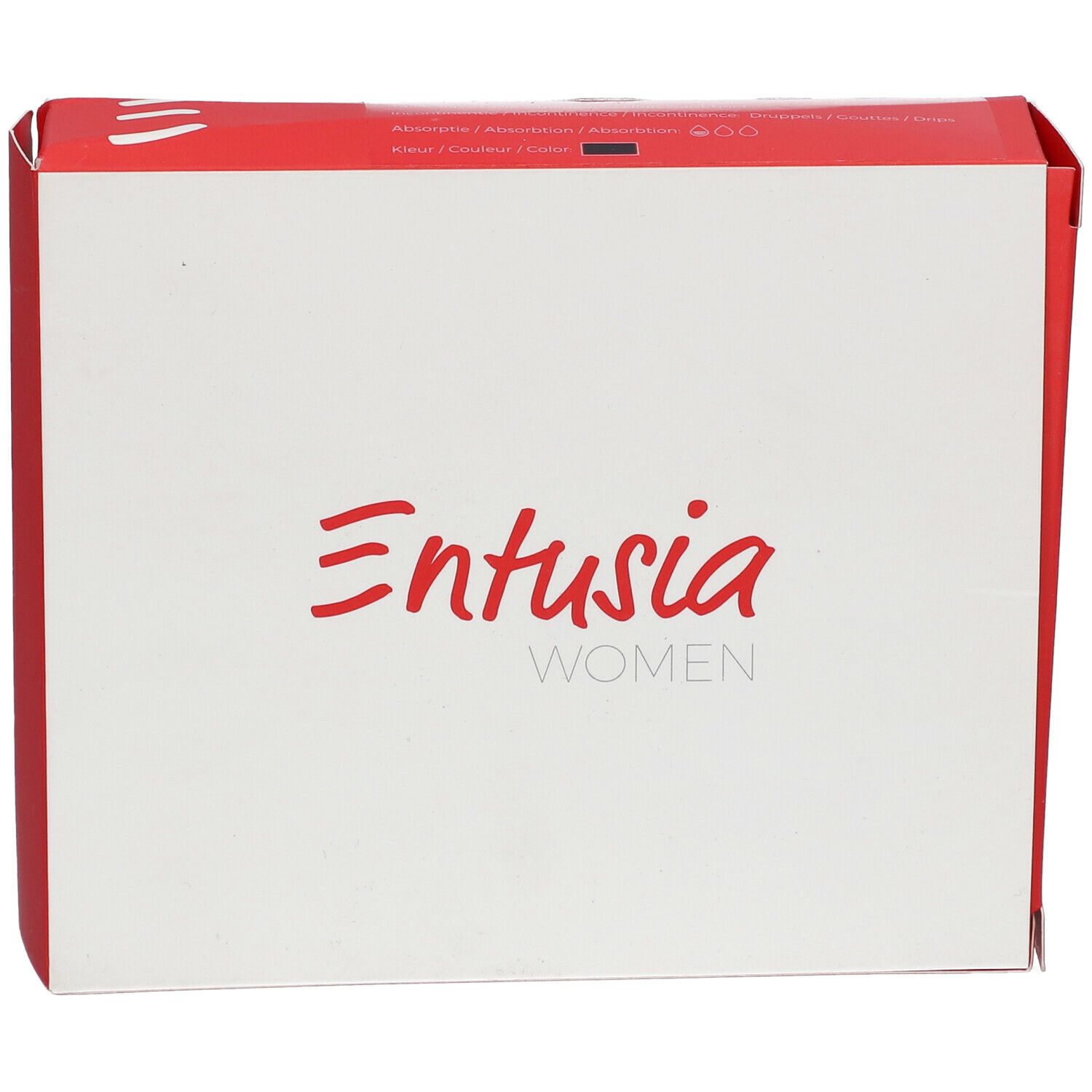 Emballage blanc et rouge. Le logo "Entusia WOMEN" est en rouge sur le devant.