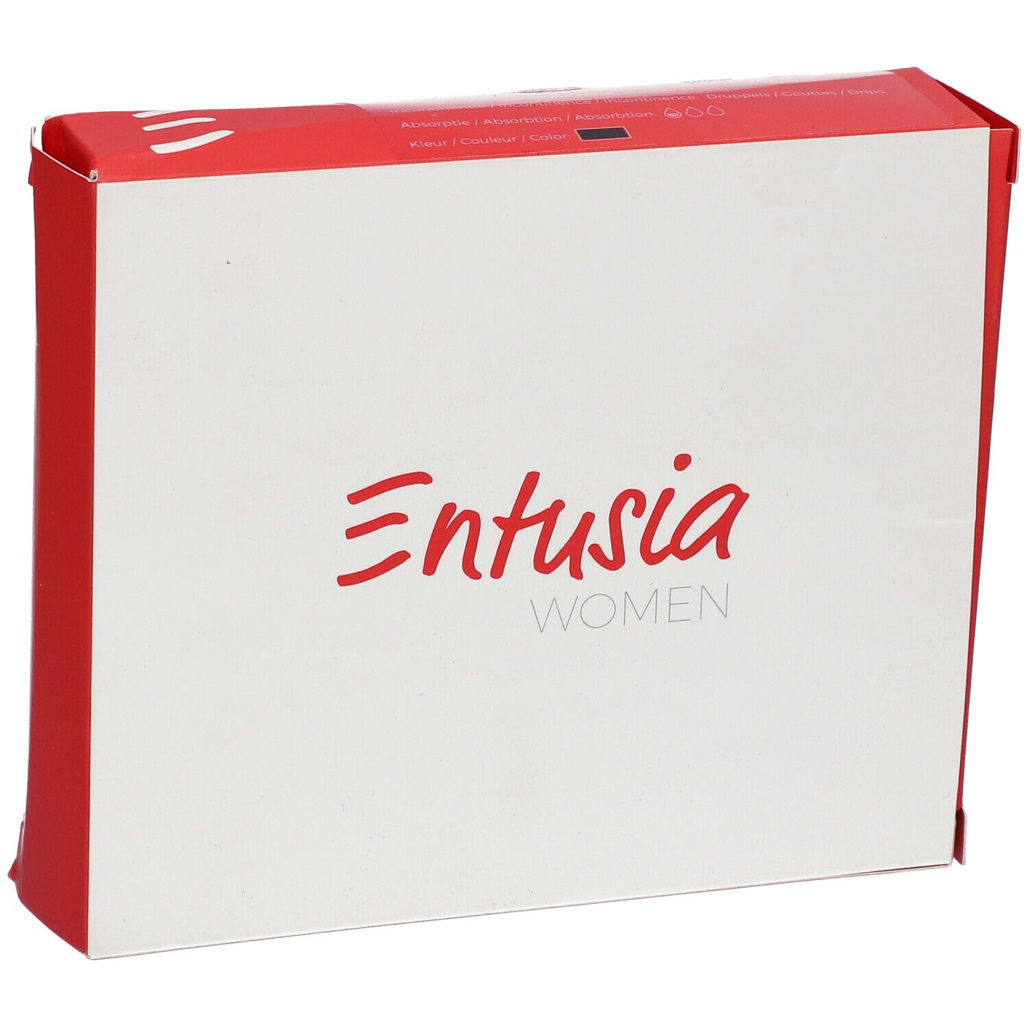 Emballage blanc et rouge. Le logo "Entusia WOMEN" est en rouge sur le devant.