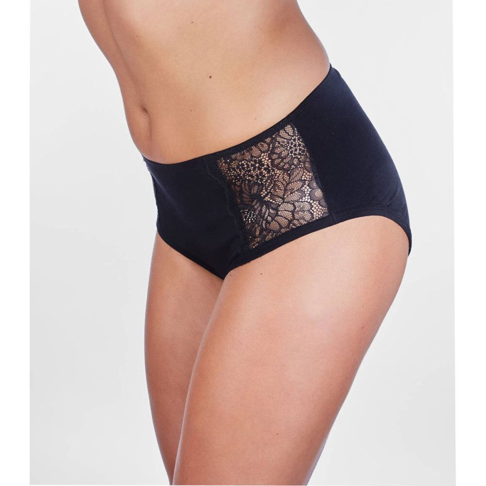 Culotte taille haute noire avec empiècement en dentelle. Vue latérale, sur fond clair. Aucune marque visible.