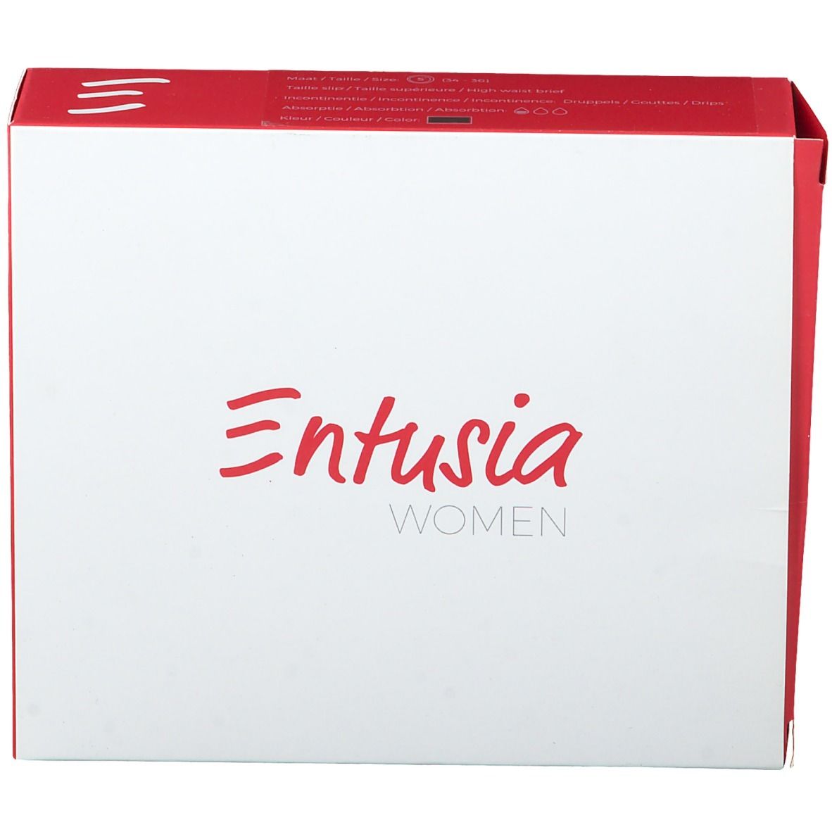 Emballage blanc avec bord rouge et "Entusia WOMEN" en rouge. Vue de face.
