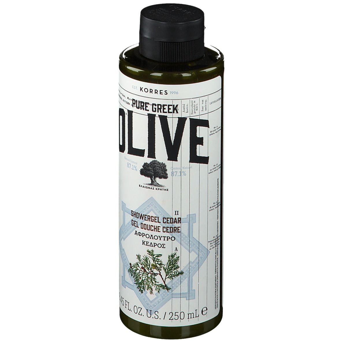 Flacon vert avec bouchon noir. Inscription : OLIVE, gel douche, cèdre. Marque KORRES. 8.45 FL. OZ. U.S. / 250 ml.