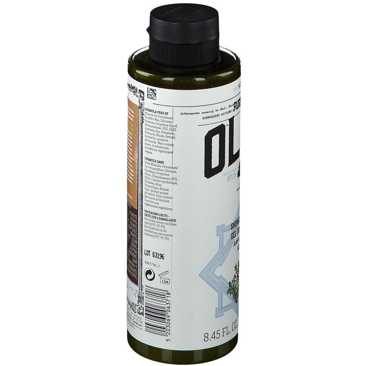 Flacon vert avec bouchon noir. Dos avec texte et code-barres. Marque KORRES. 8.45 FL. OZ. U.S. / 250 ml.