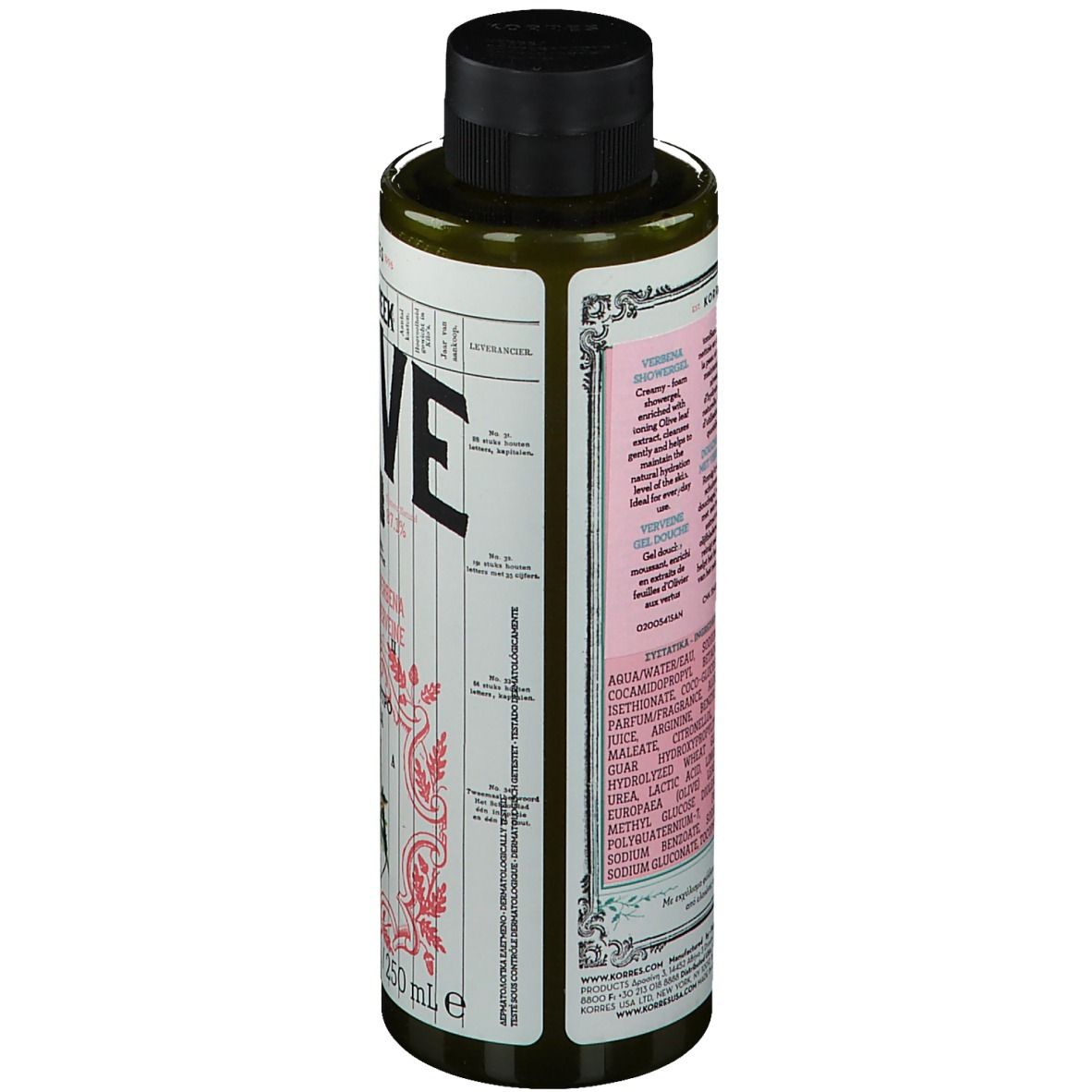 Flacon vert avec bouchon noir. Dos avec texte. Inscription : OLIVE, KORRES, 250 ml.