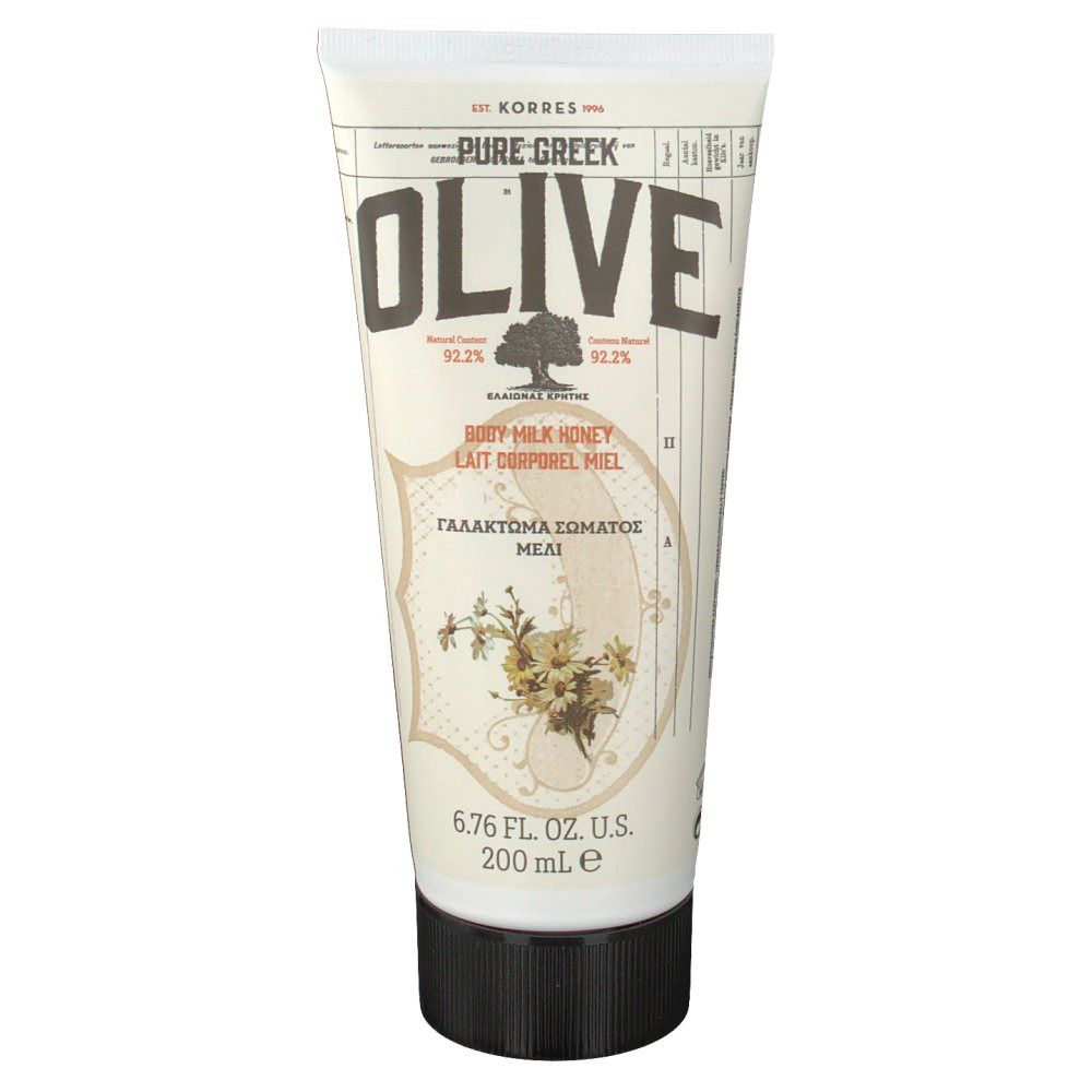 Tube de crème avec texte OLIVE et BODY MILK HONEY. Bouchon noir. 6.76 FL. OZ. U.S. 200 ml.
