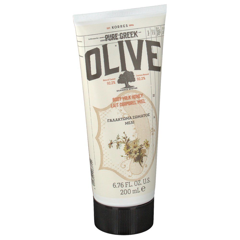 Tube de crème avec texte OLIVE et BODY MILK HONEY. Bouchon noir. 6.76 FL. OZ. U.S. 200 ml.