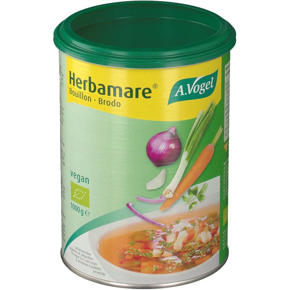 Boîte Herbamare Bouillon. Emballage vert et blanc avec illustration de légumes. Vegan, 1000g.
