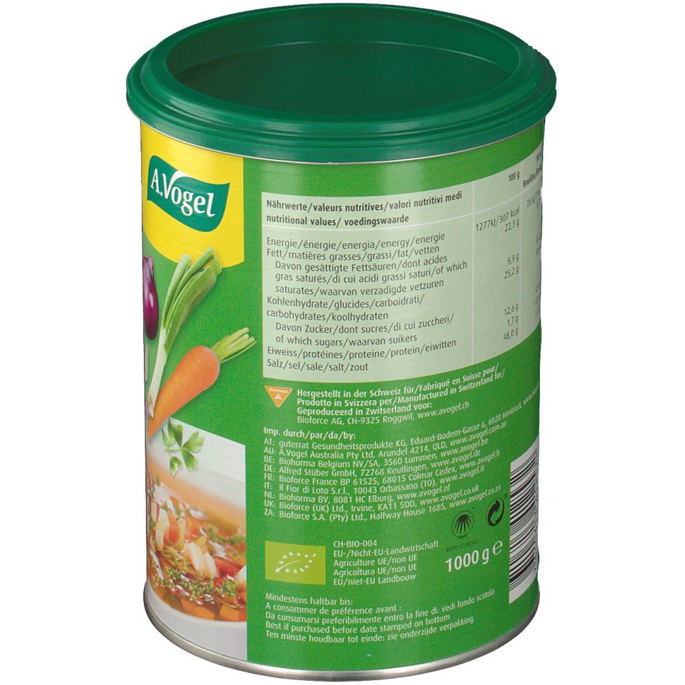 Dos de la boîte Herbamare Bouillon. Contient des informations nutritionnelles et une liste d'ingrédients. 1000g.