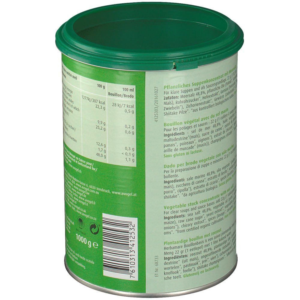 Dos de la boîte Herbamare Bouillon. Contient des informations nutritionnelles et une liste d'ingrédients. 1000g.