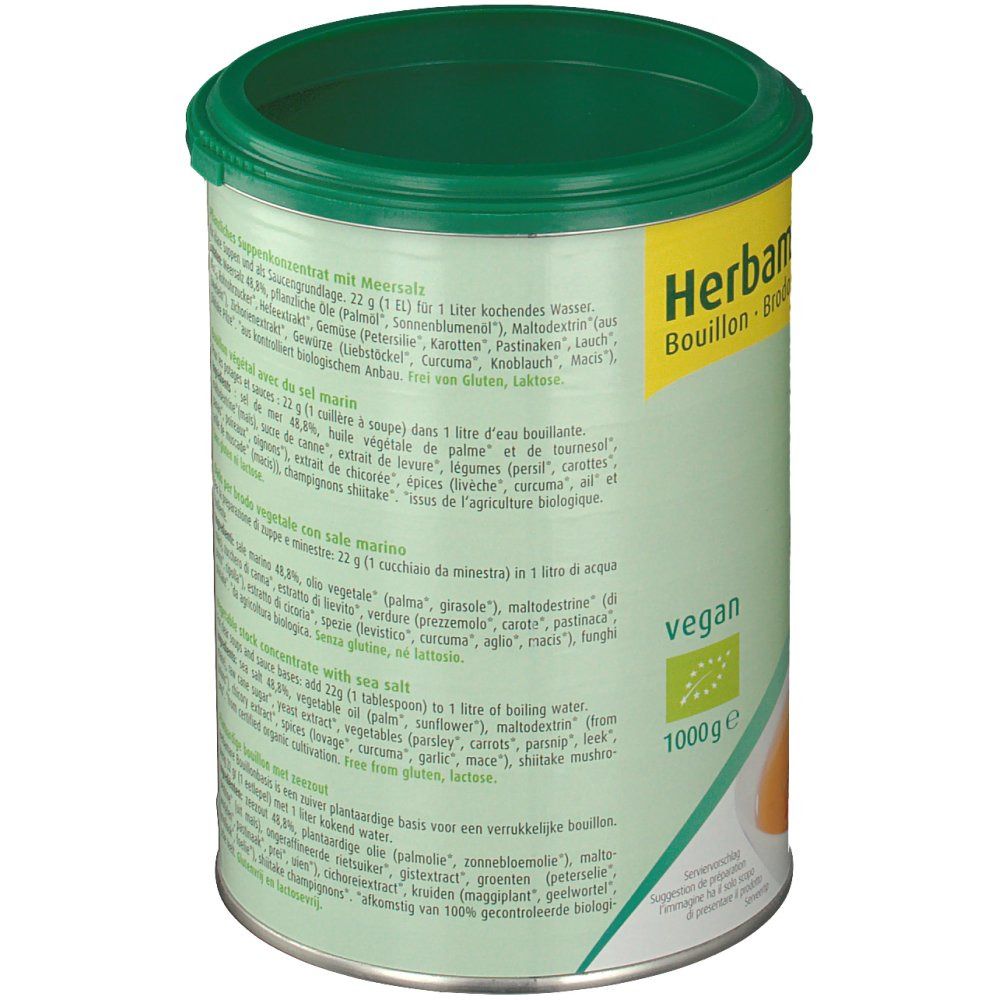 Dos de la boîte Herbamare Bouillon. Contient des informations nutritionnelles et une liste d'ingrédients. 1000g.