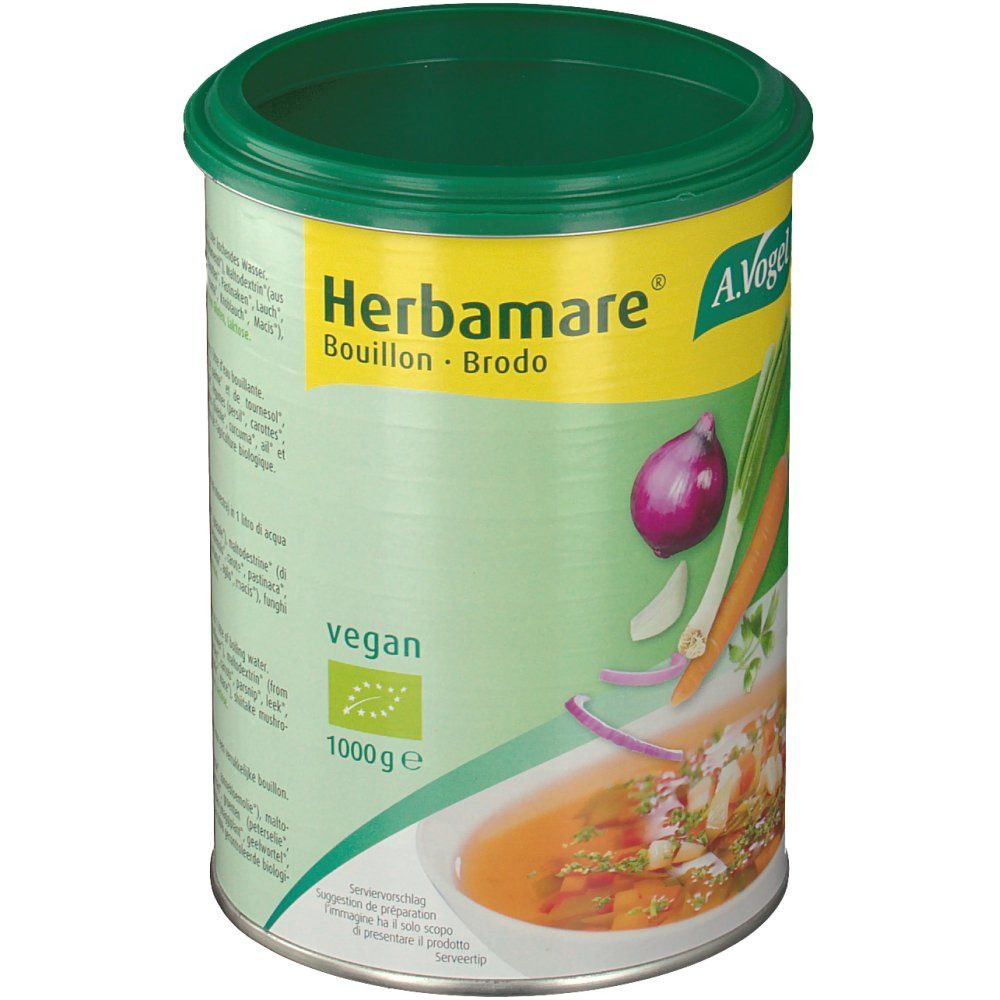 Boîte Herbamare Bouillon. Emballage vert et blanc avec illustration de légumes. Vegan, 1000g.