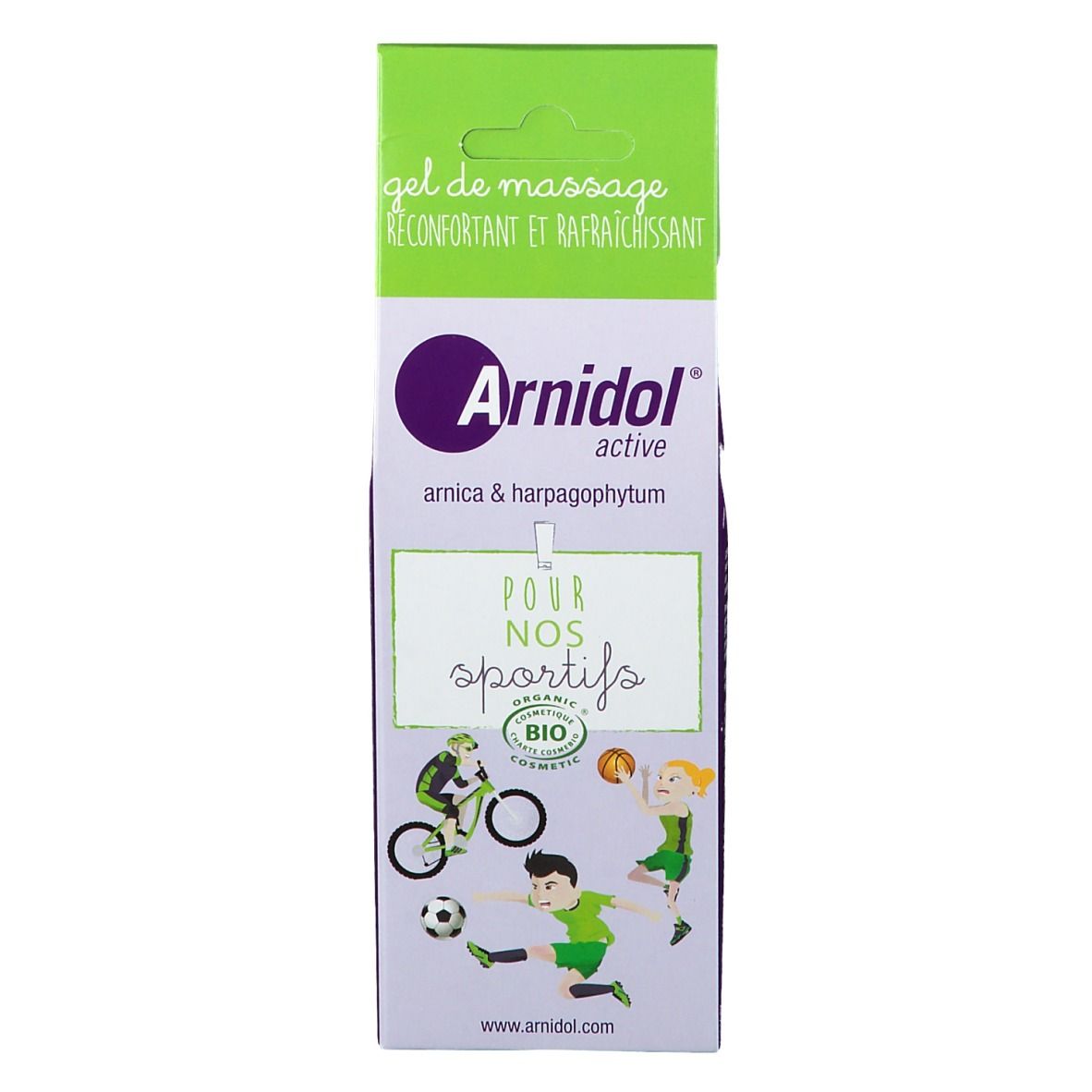 Emballage de gel de massage Arnidol® active. Haut vert-blanc, face avant violet-blanc avec logo et illustrations d'athlètes.