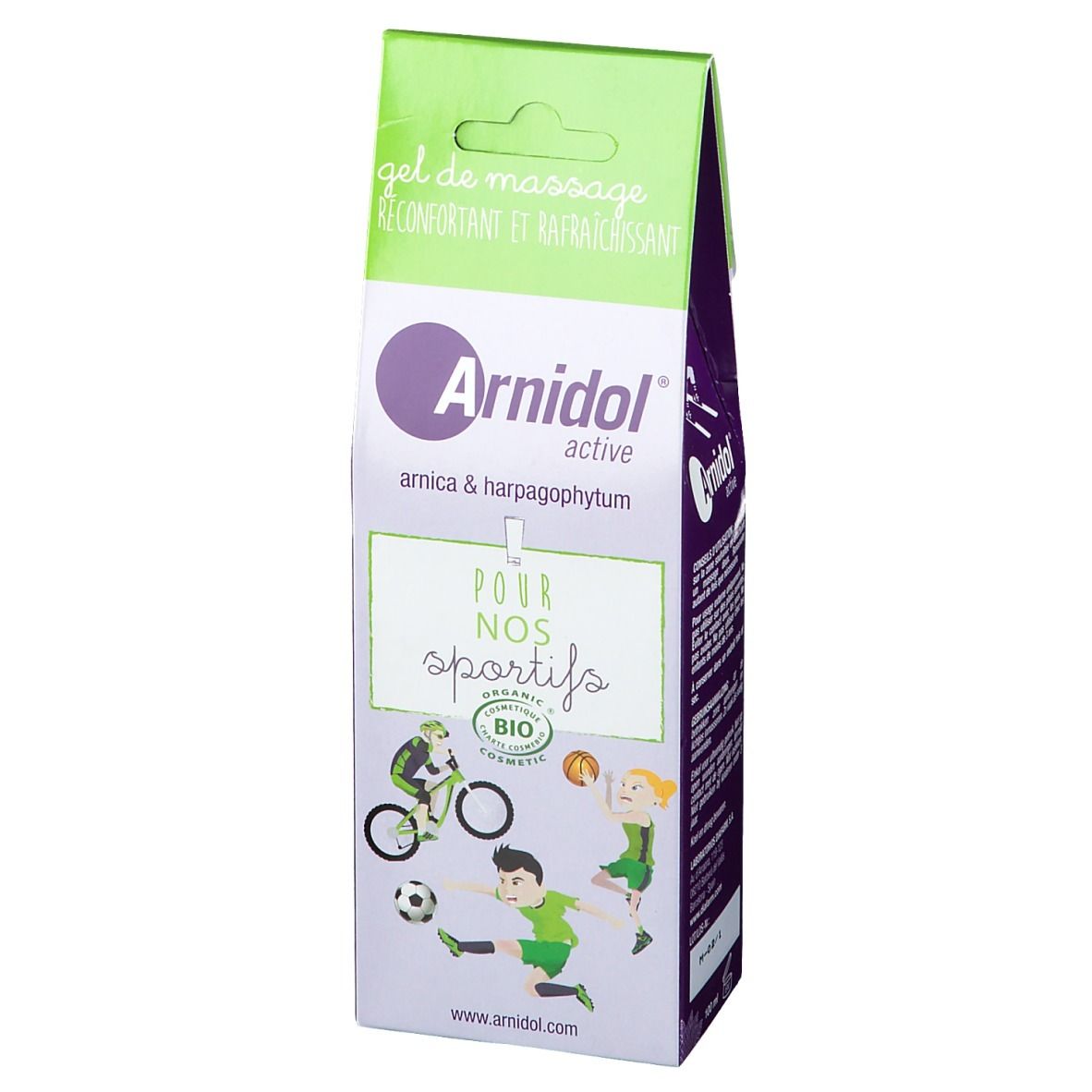 Emballage de gel de massage Arnidol® active. Haut vert-blanc, face avant violet-blanc avec logo et illustrations d'athlètes.