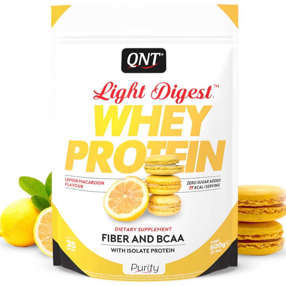 QNT Light Digest Whey Protein, goût citron-macaron. Sachet avec produit, citron et macarons. 500g.