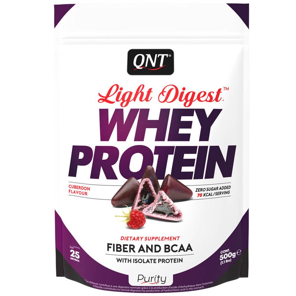 Sachet de QNT Light Digest Whey Protein. Saveur Cuberdon. Contient fibres et BCAA. 500g. Avec framboises et bonbons.