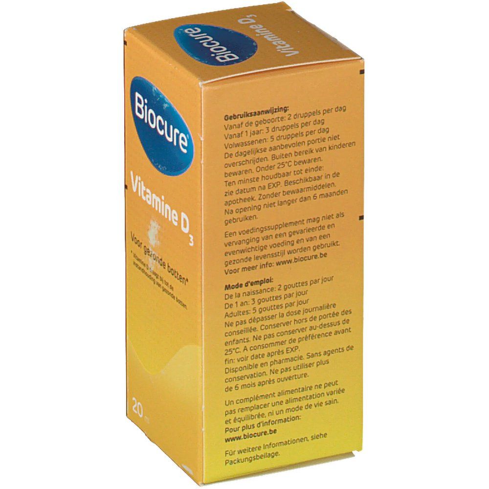 Boîte jaune Biocure Vitamine D3. Logo bleu. Mode d'emploi. Texte: 2 gouttes par jour. En bas: 20 ml.