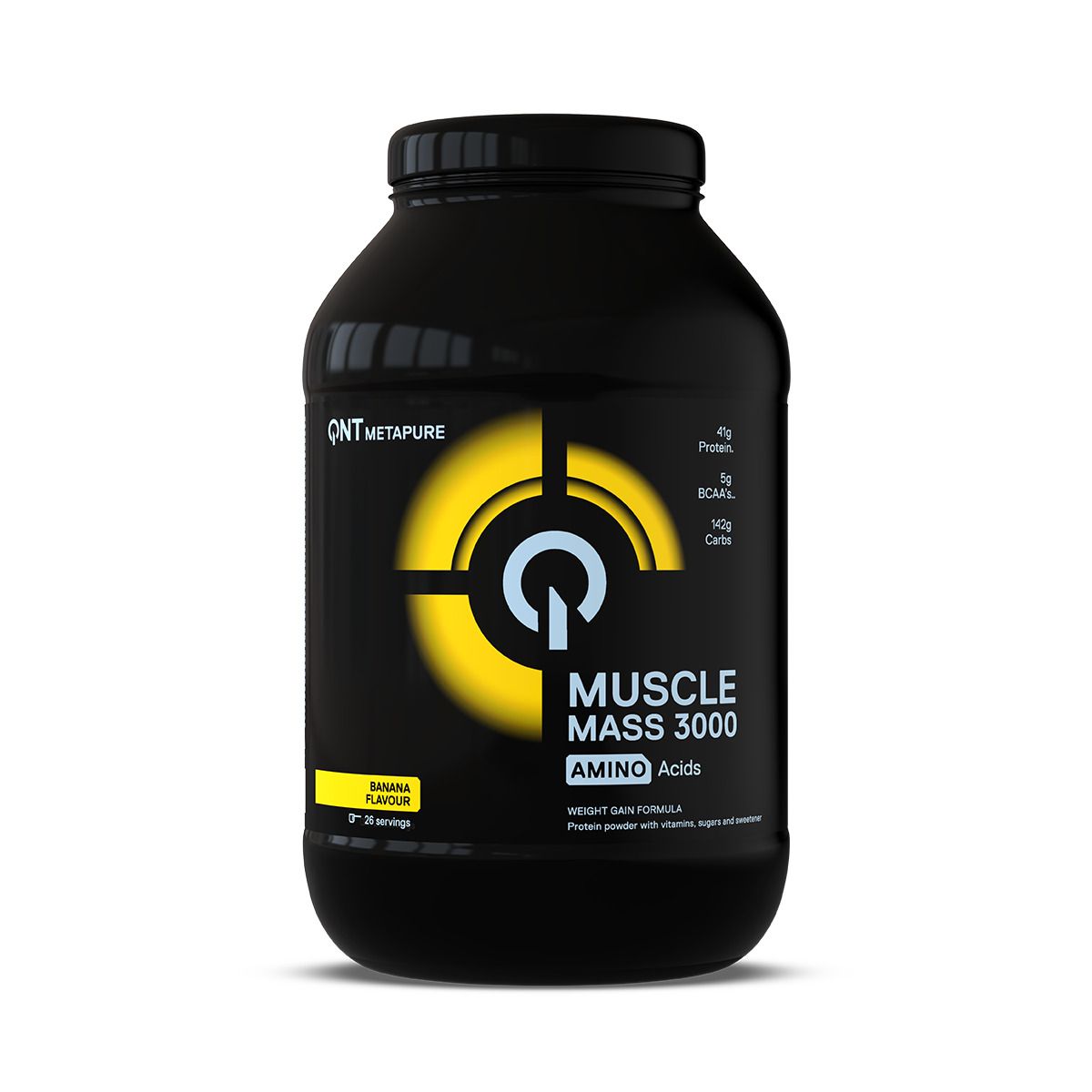Pot noir avec cercle jaune. QNT Metapure Muscle Mass 3000. Saveur banane. Acides aminés. Formule prise de poids.