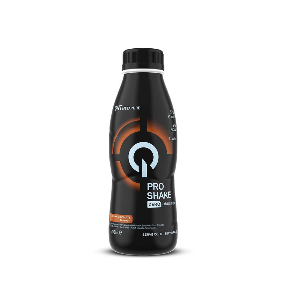 QNT Metapure Pro Shake, bouteille noire, chocolat belge, 50g protéines, zéro sucre.