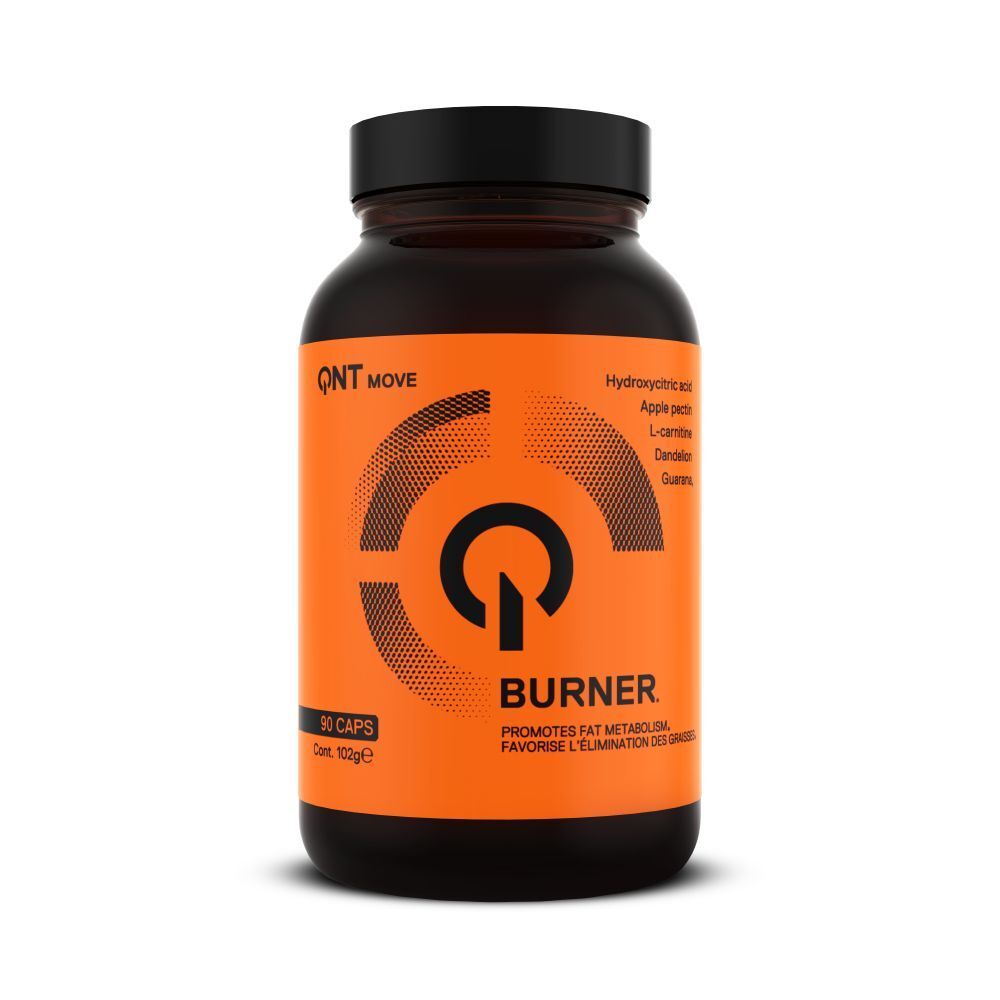 Flacon brun, bouchon noir. Étiquette orange avec texte blanc: QNT MOVE, BURNER, 30 capsules. Contient des ingrédients.