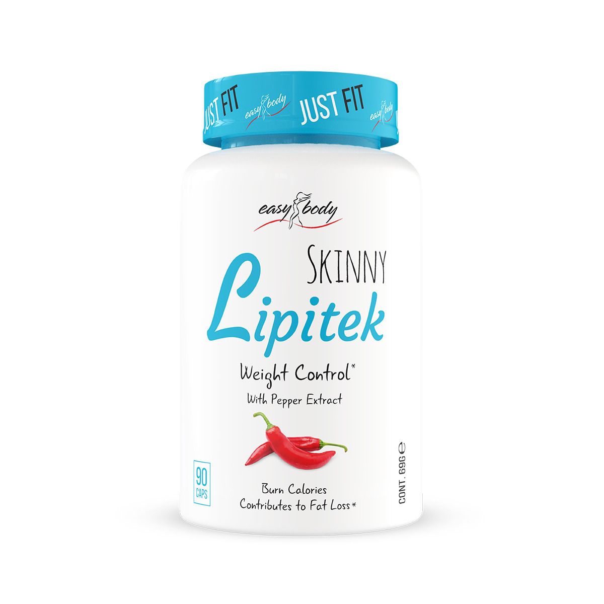 Flacon blanc avec bouchon bleu. Inscription: Skinny Lipitek, Weight Control, easy body. 90 gélules. Avec extrait de piment.